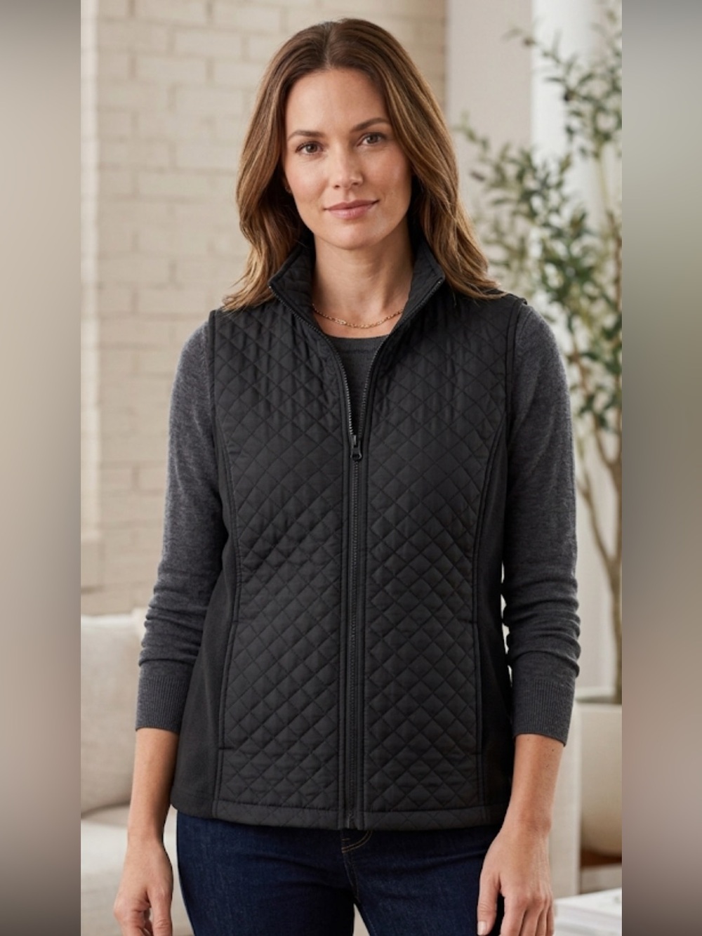 IZOD Womens Quilted Fleece Vest Black Full‎ Zip Mock Neck Sleeveless Jacket L
